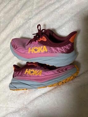 Hoka Pink and Burgundy Trail Active Shoes Sneakers with Yellow Logo